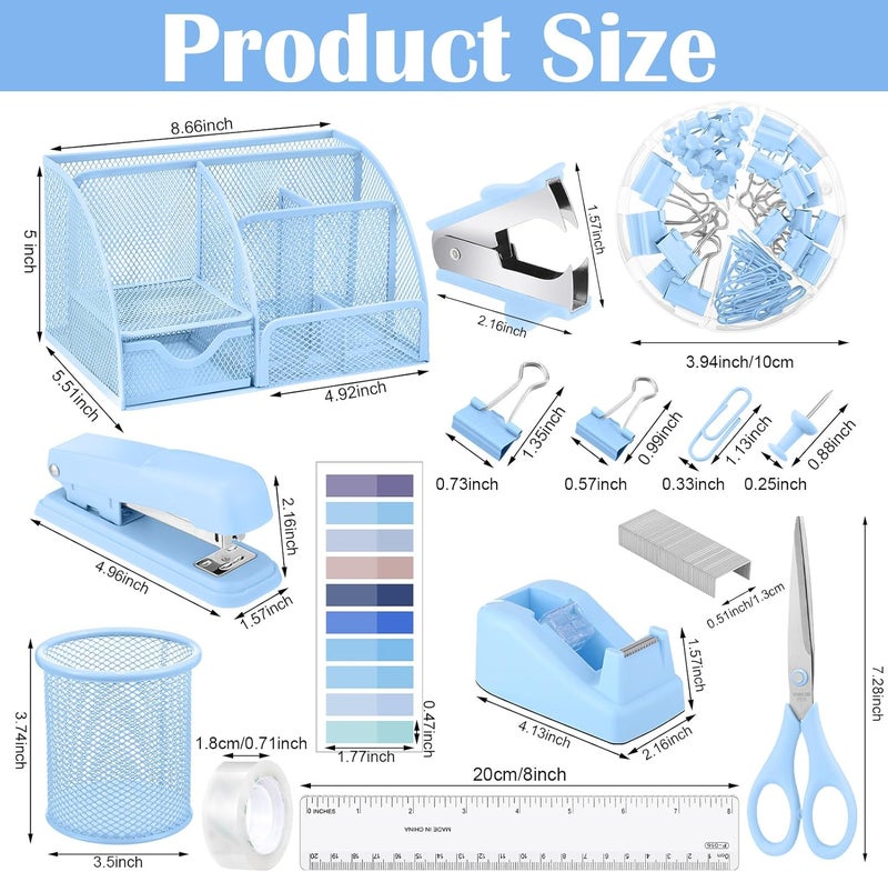 AuraRay 11 in 1 Blue Desk Organizer and Accessories, Blue Desk Accessories Light Blue Office Supplies Include Blue Stapler Blue Tape Dispenser Pen Holder Staple Remover Clips Ruler Scissors Tapes Tabs - Image 2